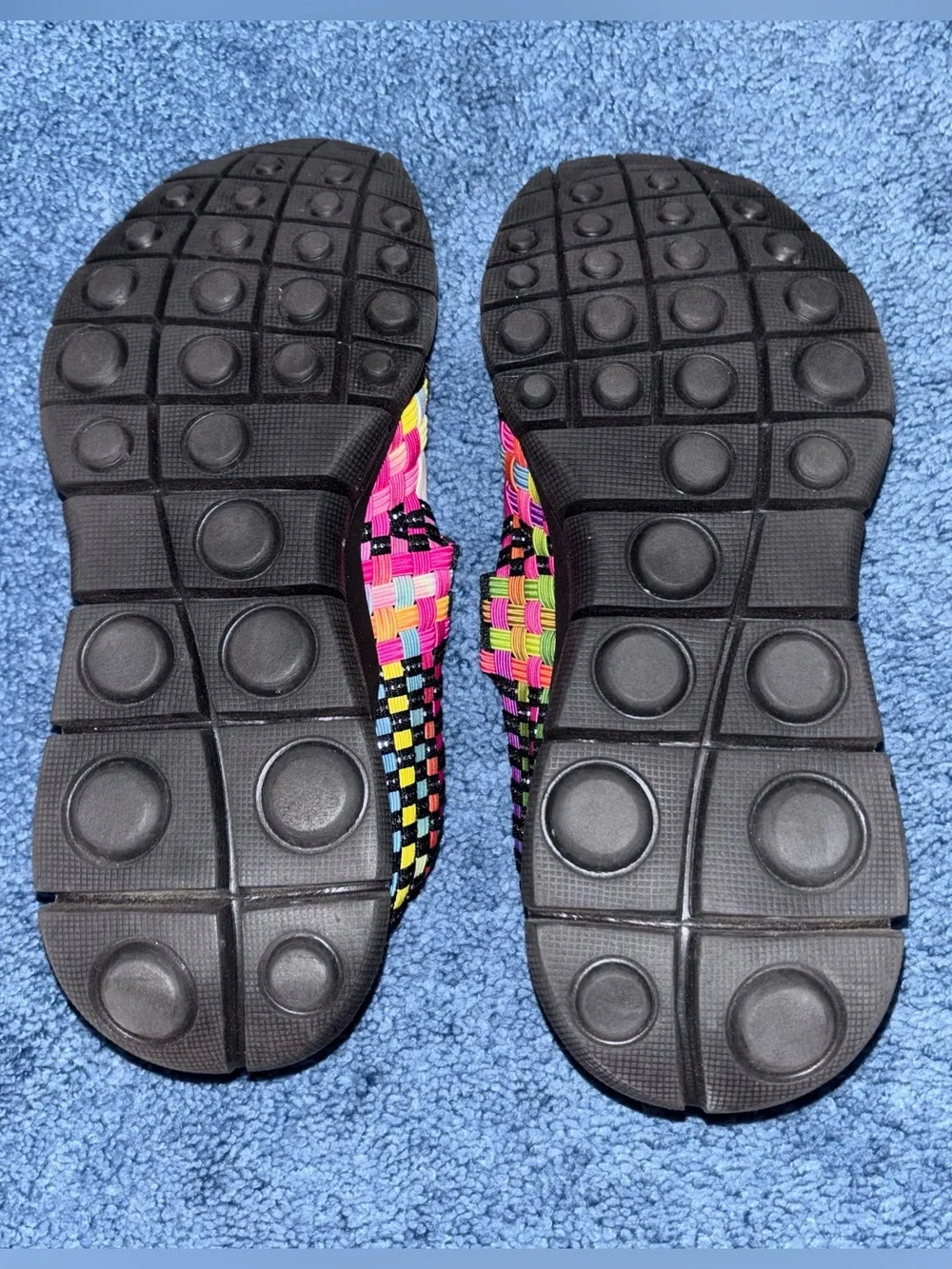 bernie mev. Black Sandals with Neon Multi-Color Woven Straps